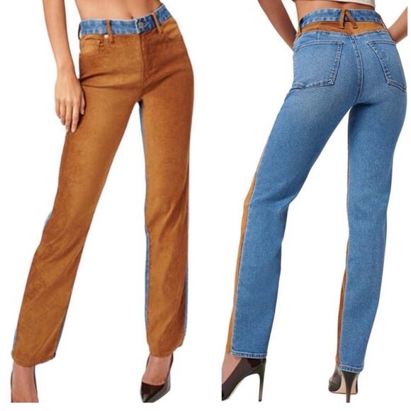 Good American Icon Vegan Suede Jeans Sz 00 24 Western Cowgirl Straight Mixed - Picture 1 of 6